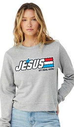 Load image into Gallery viewer, Jesus My Real Hero Ladies Crew Neck Sweatshirt
