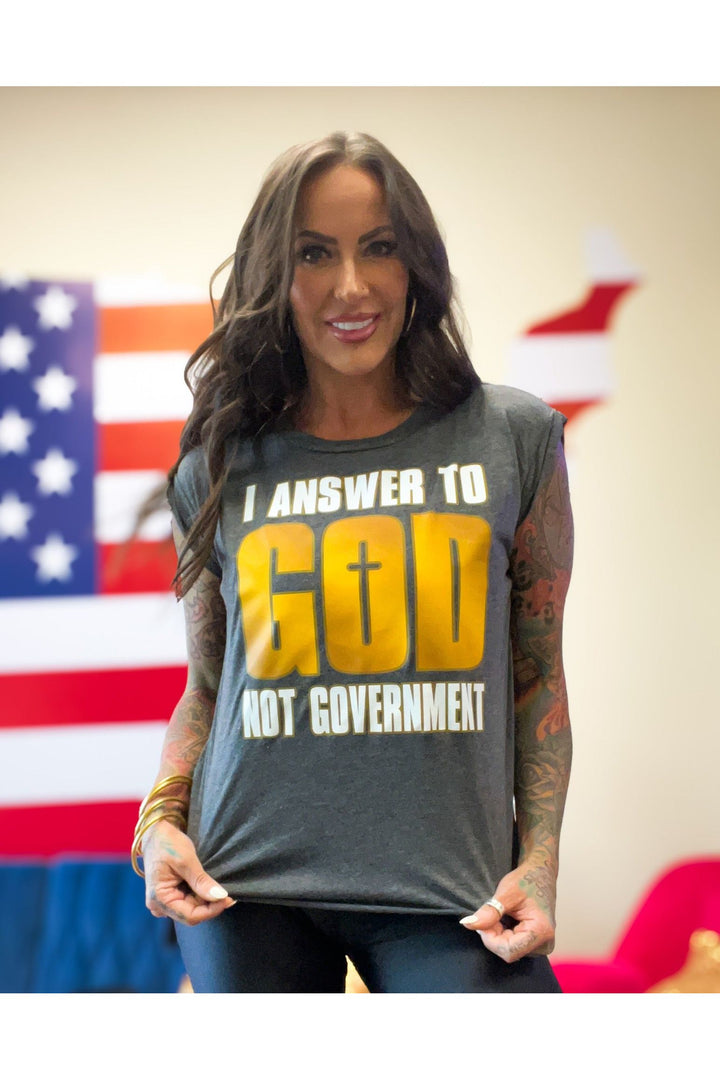 I Answer to God not Government Ladies Flowy Muscle Tee (color options)