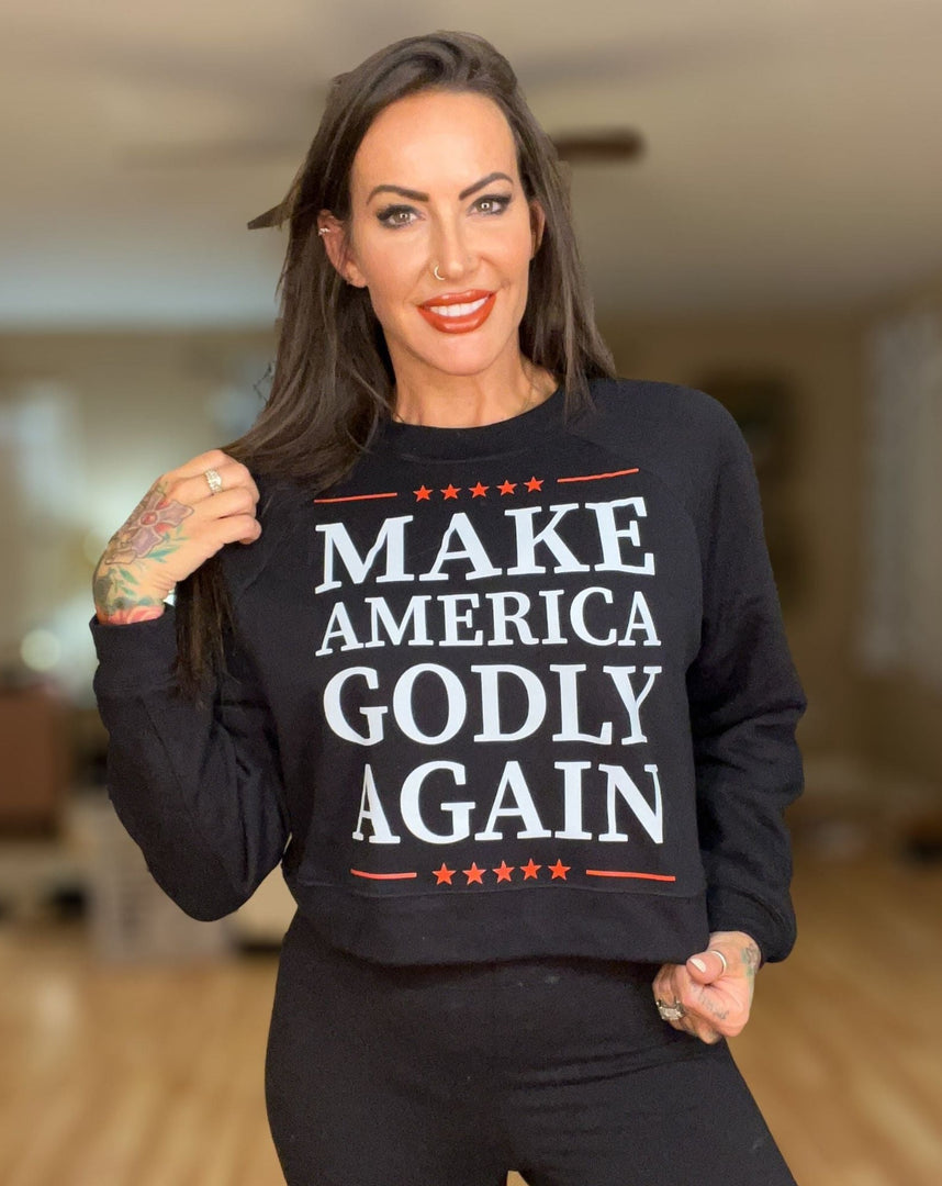 Make America Godly Again Black Crop Crew Neck Sweatshirt