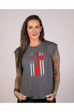 Load image into Gallery viewer, Cross and Flag Ladies Flowy Muscle Tee (Optional Colors)