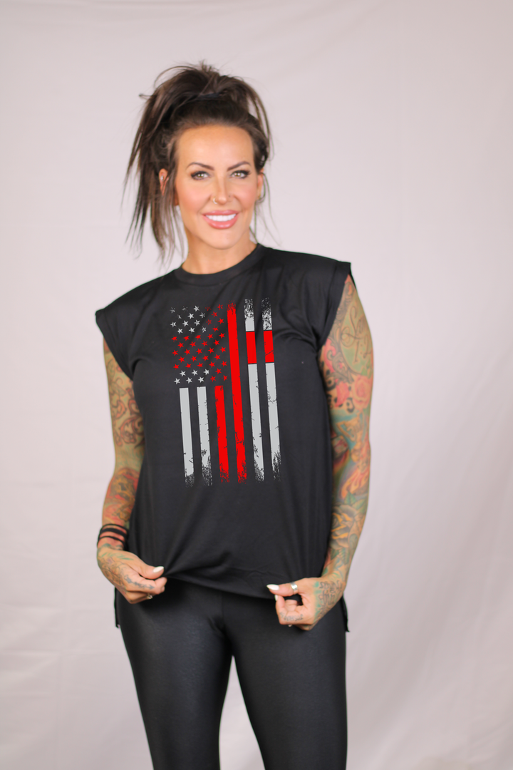 Cross and Flag Ladies Flowy Muscle Tee (Optional Colors)