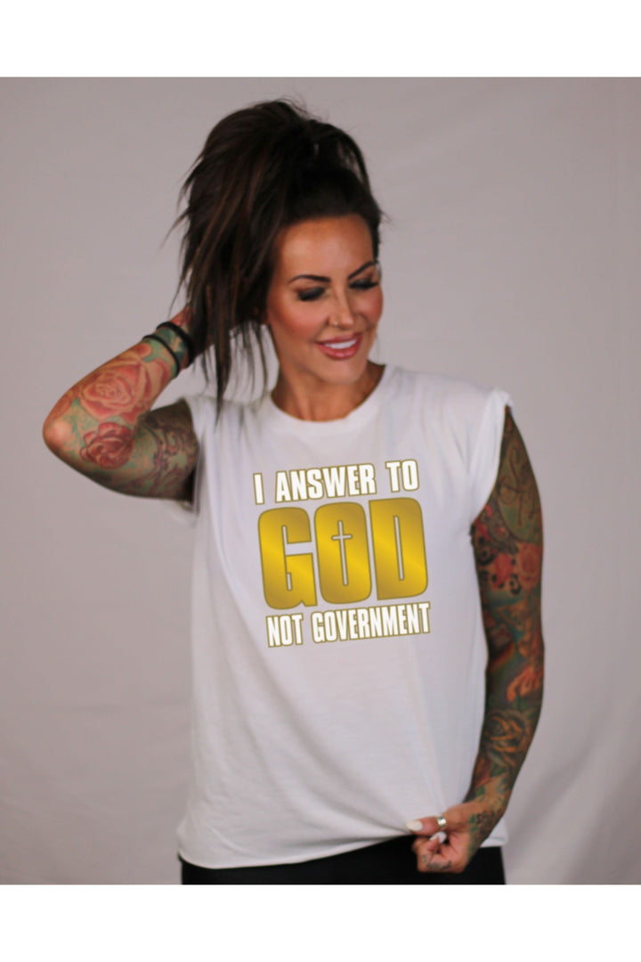 I Answer to God not Government Ladies Flowy Muscle Tee (color options)