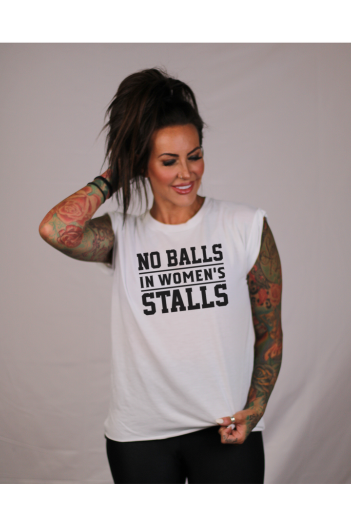 No Balls in Women's Stalls Ladies Flowy Muscle Tee